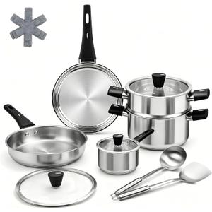 Stainless Steel Cookware Set, 14-Piece Pots and Pans Set, Kitchen Cookware Set with Stay-Cool Handle, Non-Toxic, Dishwasher Safe & Compatible with All Stovetops (Gas, Electric & Induction)