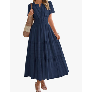 BTFBM Womens Summer 2025 Casual Midi Maxi Dresses Lightweight Short Sleeve V Neck Elastic Waist Boho Beach Dress Pockets L