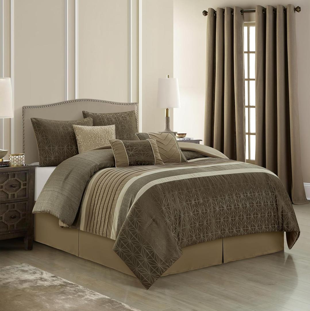 Stratford Park Taupe Comforter Set Queen Size, 9 Piece Geometric Bedding Set, Jacquard with Matching Solid Piecework, Bedskirt, Pillows & Shams, Curtains