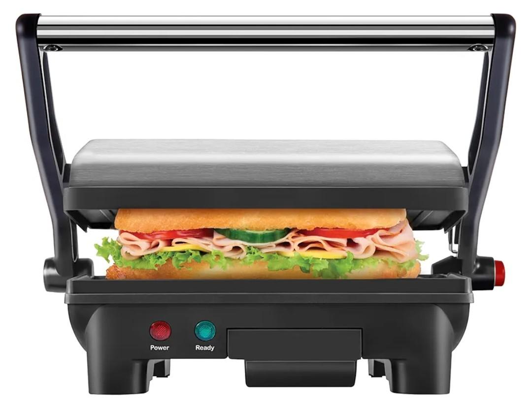 Chefman Electric Panini Press Grill, Compact 2-Slice Sandwich Maker, Non-Stick Coated Plates, Opens 180 Degrees, Dishwasher Safe, Removable Drip Tray, Stainless Steel/Black