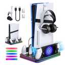 All in One Cooling Stand & Charger Station for PS5/Slim/Pro Console and Controller Charing Dock, Charging Stand for PlayStation Portal, Headset and Remote Holder with RGB Light Stand (Black)
