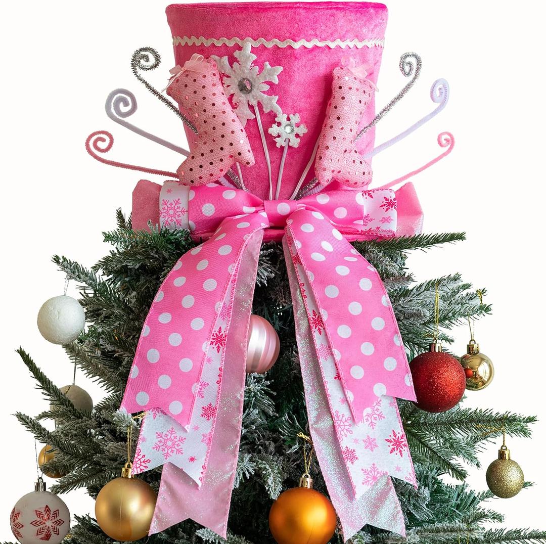 Christmas Tree Topper, Christmas Tree Topper Hat, Pink high Heels Tree Topper Christmas Decorations with Bow Ribbon Christmas Tree Ornaments for Holiday Family Xmas Dcor