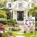 Hello Spring Garden Flag 12x18 Inch, Colorful Tulip & Wildflower Yard Flag with Butterflies, Double Sided Burlap Outdoor Seasonal Decoration for Porch Lawn Garden DF1098