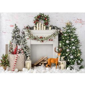 LYCGS 8x6ft Christmas Fireplace Backdrop Xmas Backdrops for Photography Xmas Tree & Party Decoration Banner X-177