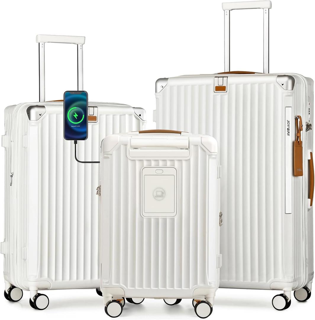 Joyway 3 Piece Set Hardside Expandable Luggage with USB Charging Port and Cup Holder, TSA Lock Spinner Wheels Suitcase for International Travel, Lightweight Carry On Checked Baggage, White