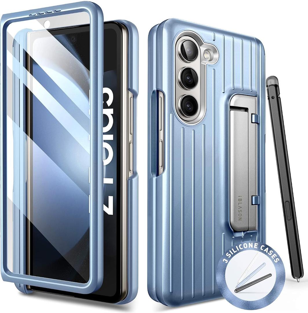 i-Blason for Samsung Galaxy Z Fold 5 Case (2023) with S Pen Holder & 3 Silicone S Pen Covers [Built-in Screen Protector] Full Body Protective Bumper Phone Case for Z Fold 5 with Kickstand (Blue)