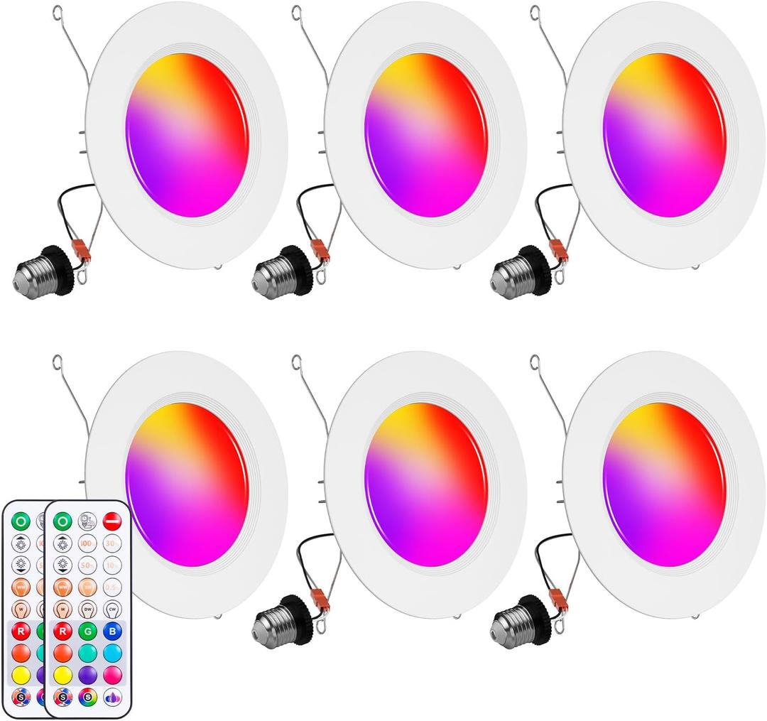 6 x Recessed Lighting 5/6 Inch, 6Pack Color Changing LED Can Lights for Ceiling, 13W 1050LM Retrofit Recessed Lights with Baffle Trim, RGBCW Downlight Dimmable by Remote Control, Memory, Delayed Light Off