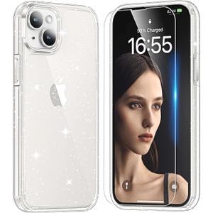 TAURI iPhone 15 Case Glitter, [Not Yellowing] with 2X Screen Protector, [Military Grade Drop Protection] Bling Cute Sparkly Case for iPhone 15, Glitter Clear