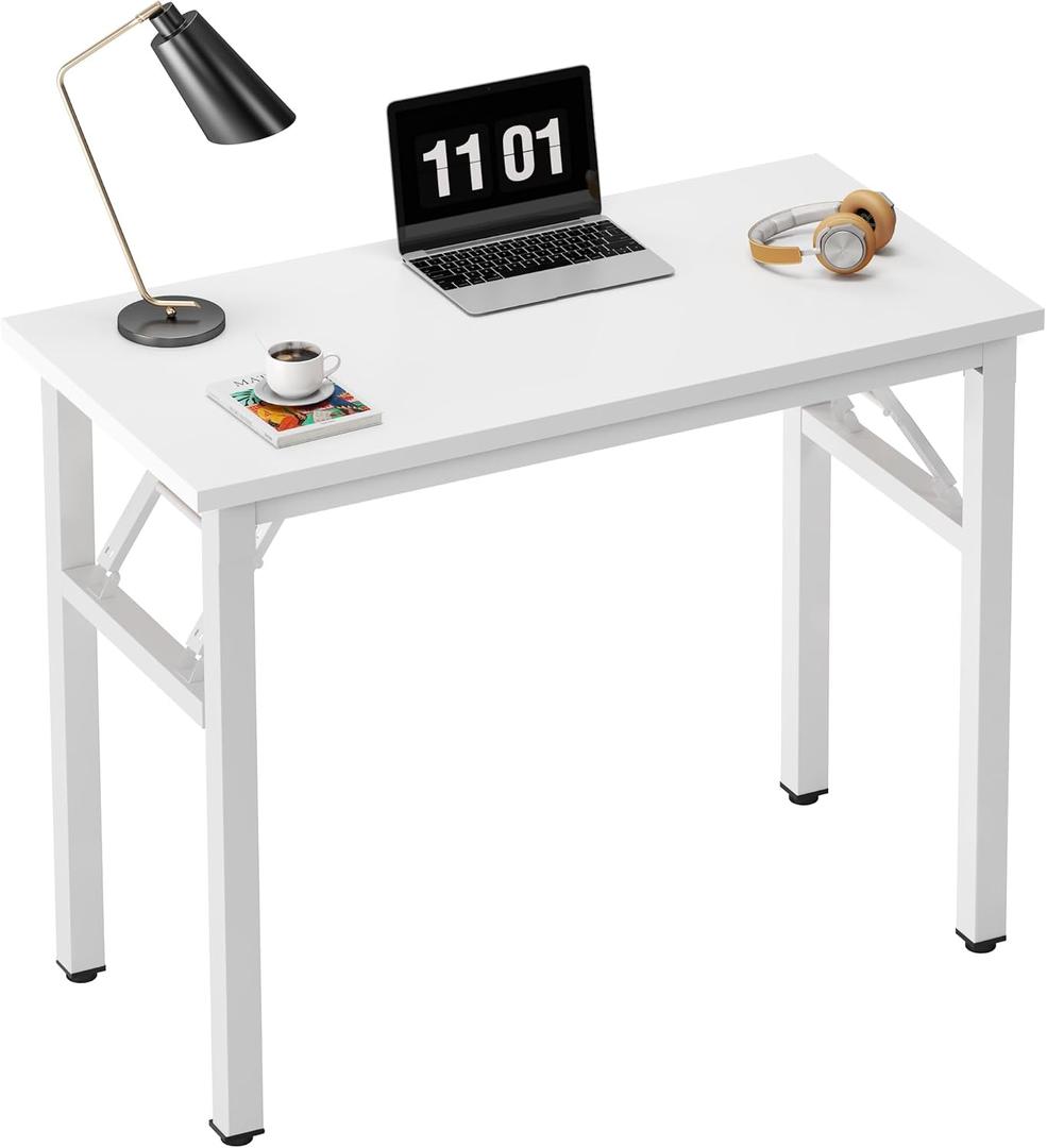 Need 31.5 Inch Folding Computer Desk for Small Spaces, White Study Foldable Writing Table for Home Office, Bedroom, Dorm Room & Student, No Assembly