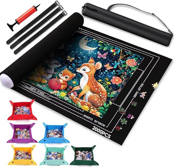 Puzzle Mat Roll Up 2000 1500 1000 Pieces Portable Puzzle Board/Table Saver Mats, Smooth Top & NonSlip Felt Bottom with 6 Sorting Trays, Storage Bag, Inflatable Roller