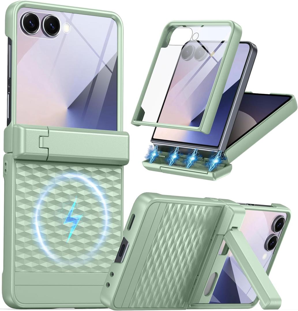 Magnetic for Samsung Galaxy Z Flip 7 Case [Hinge ProtectionKickstand][Compatible with MagSafe][Built-in Screen Protector] Full-Body Military Protection Phone Case for Samsung Z Flip 7 Mint Green