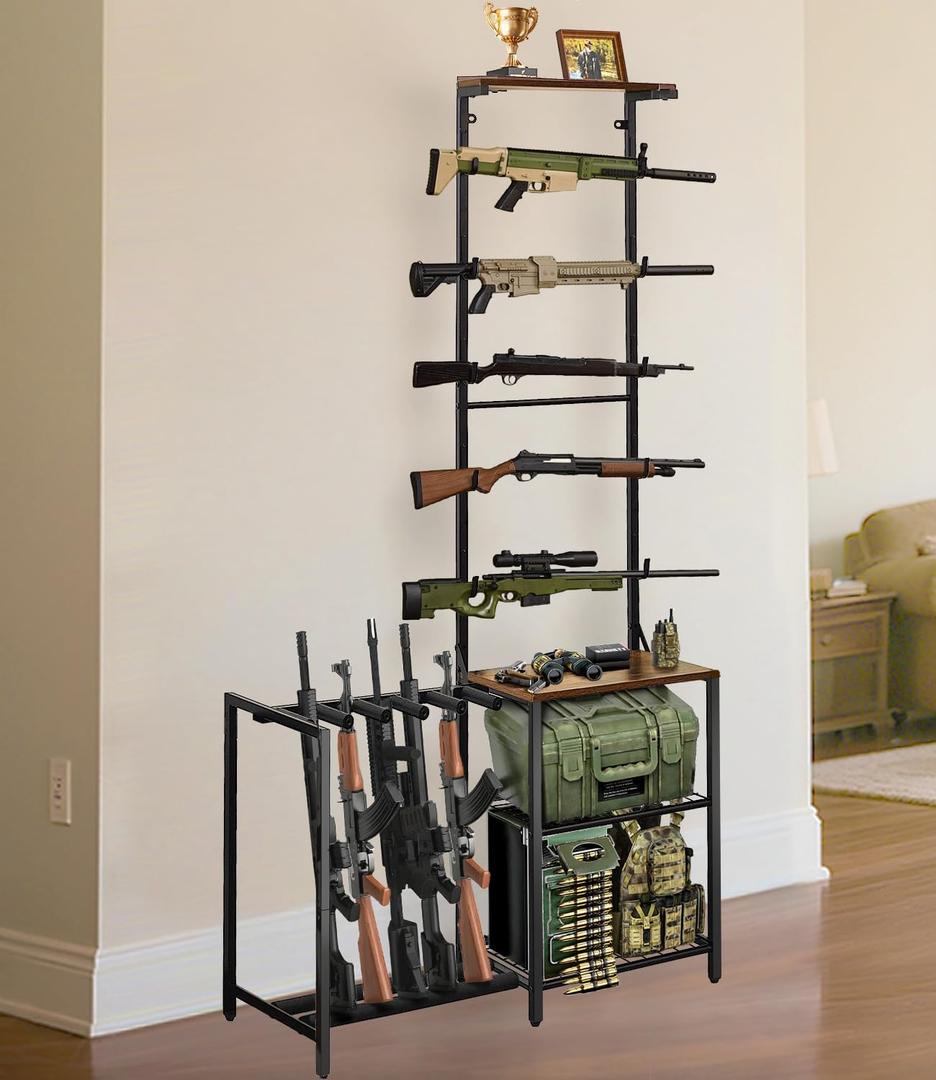 Gun Rack, Indoor Gun Racks for Wall Mount, Rifle Rack and Shotgun Floor Stand with Pistol Holder, Wall Gun Rack Stand Holds up 10 Guns Storage, Hunting Gun Display Shelf for Garage Shop, 36"L x 12.6"W x 71"H