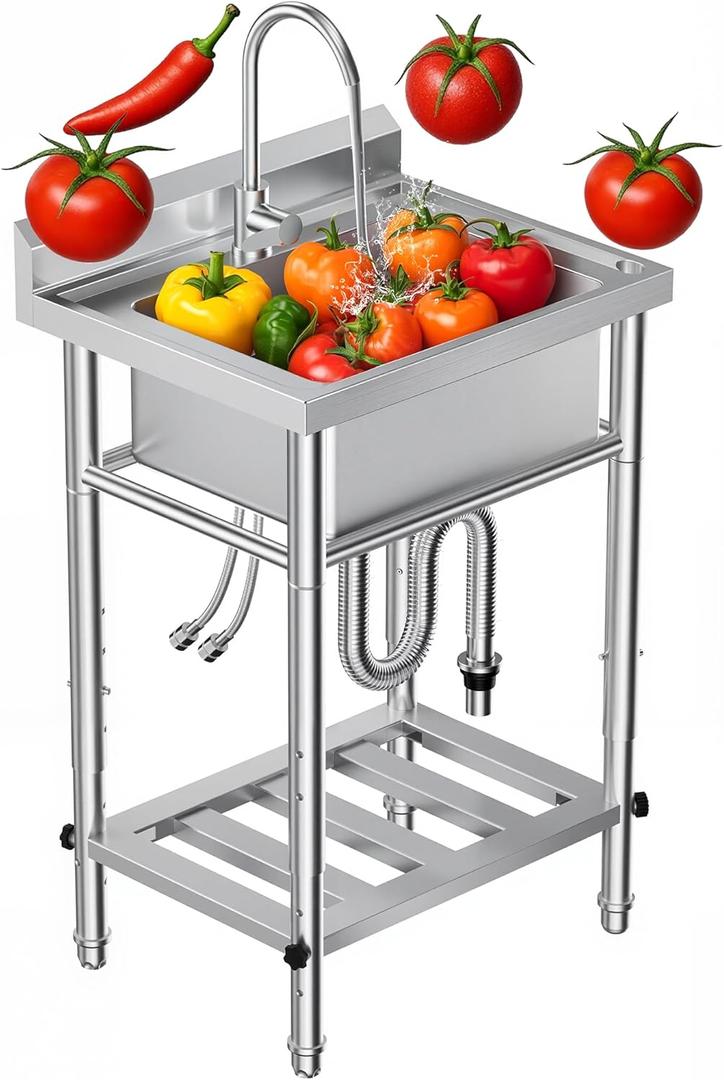 23"W Compact Utility Sink 18/8 Stainless Steel Portable Ergonomic Sinks with 4-Height Adjustable & 360 Swivel Faucet Laundry Room Kitchen Garage Outdoor BBQ RV Basement Hobby Room Bathroom