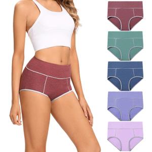 5pcs POKARLA Womens Cotton Underwear High Waist Full Coverage Briefs Soft Breathable Postpartum Panties Stretch Underpants (Medium, Multicolored,  5pack)