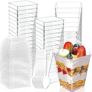 30Pack 5oz Clear Plastic Dessert Cups with Lids and Spoons, Reusable Square Parfait Appetizer Cups, Party Trifle Shooter Serving Cup, Mini Dessert Shot Glasses for Tasting