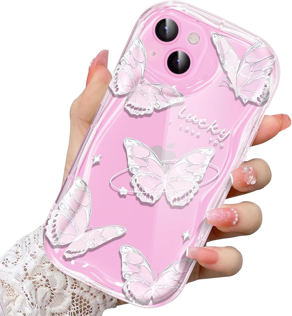 Compatible for iPhone 13 Case, Pretty Butterfly Print Three-Dimensional Wave Clear Case for Girls Women, Soft Full Package Anti-Fall Cover for iPhone 13, Pink Butterfly