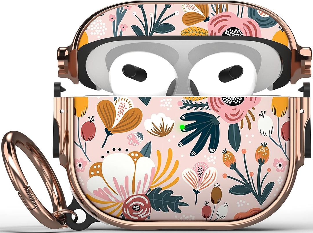 Maxjoy for AirPods 3 Case with Lock, Flower AirPod 3 Case Lock Protective Cute AirPod 3rd Generation Cover for Women Girly with Keychain for AirPods 3rd Generation 2021 Cover, Floral (Pink + Red)