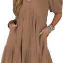 Acelitt Women's Summer Dresses 2025 Beach Casual Deep V Neck Loose Sundress Short Sleeve Mini Dress (Large, Brown)