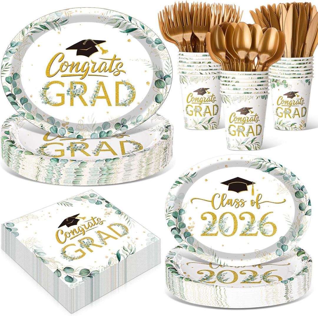 Pajean 350 Pcs Class of 2026 Greenery Graduation Party Decorations 12 inch Disposable Sage Green Leaves Oval Plates Napkins Green Heavy Duty Paper Tableware Set for 50 Guests Grad Party Supplies