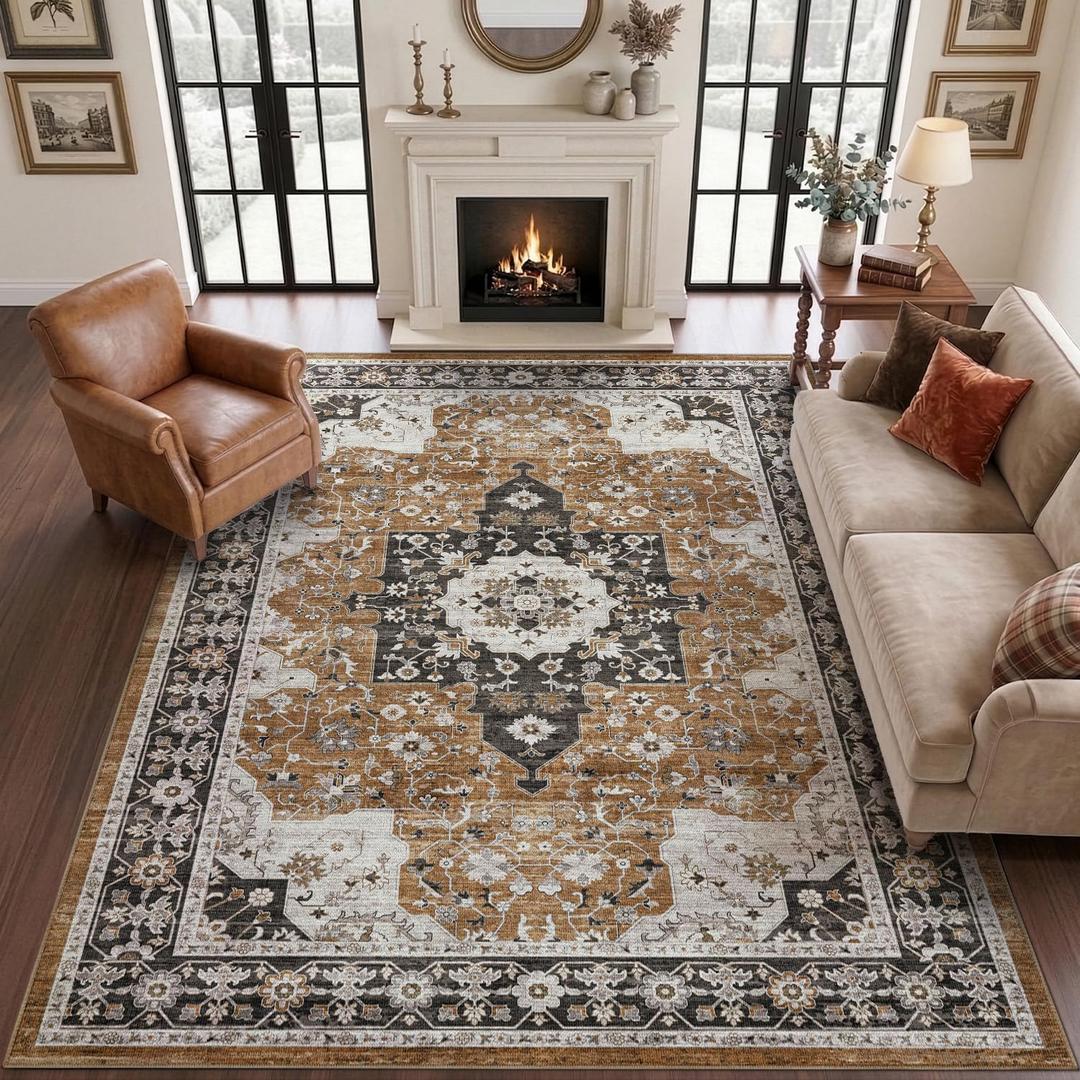 DEXI Washable Area Rug for Living Room 8x10, Vintage Farmhouse Soft Indoor Large Rugs, Stain Resistant Low Pile Carpet with Non Slip Backing for Dining Bedroom Office, Brown