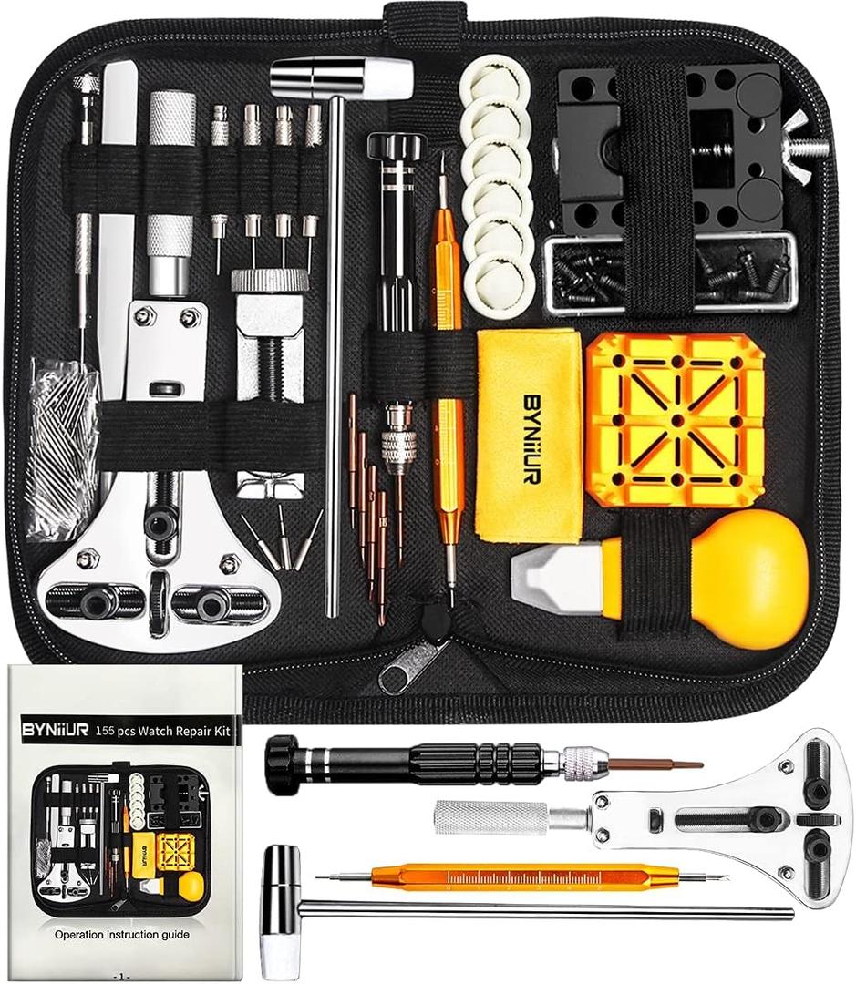 Watch Link Removal Kit, BYNIIUR Watch Repair Kit, Watch Case Opener Spring Bar Tools, Watch Battery Replacement Tool Kit, Watch Band Link Pin Tool Set with Carrying Case and Instruction Manual (Black)