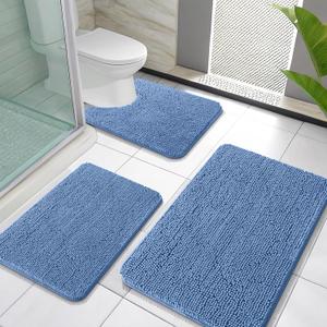 OLANLY Bathroom Rugs Sets 3 Piece, Soft Absorbent Chenille Bath Mats and U-Shaped Contour Toilet Rug, Home Decor Accessories, Bath Mat Set for Bathroom (30"x20"+24"x16"+24"x20", Cornflower Blue)