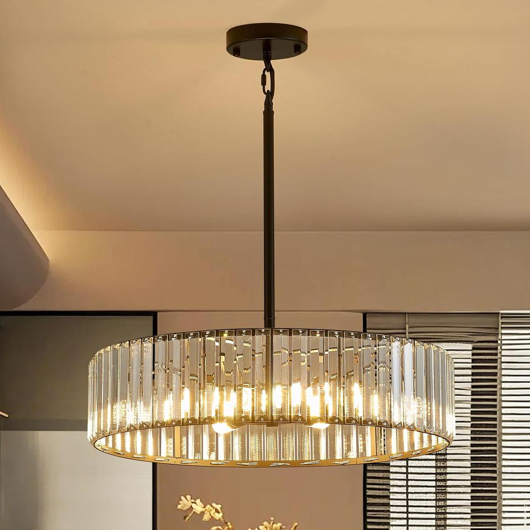 Modern Crystal Black Chandelier for Dining Room,19.7 inch Semi Flush Mount Ceiling Dining Room Light Fixture with E12 Base*6,Round Pendant Lighting for Bedroom Hallway Bathroom Foyer Kitchen, W 19.7'' x H 4.8'' 6-Light