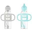 Dr. Brown's Milestones Narrow Sippy Straw Bottle, SpillProof with 100% Silicone Handles and Weighted Straw, 8 oz/250 mL, Gray & Green, 6m+
