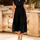 BTFBM Women Summer Bohemian Floral Casual Wrap V Neck Ruffle Cap Sleeveless Belt A-Line Pleated Hem Swing Midi Sun Dress (Solid Black, Small)