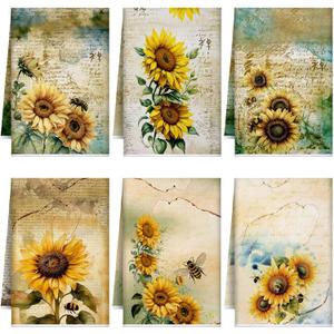 Geyoga 6 Pieces Sunflower Kitchen Towels Absorbent Dish Hand Towel Decorative Tea Washcloth for Summer Kitchen Bathroom Home Decor, 16 x 24 Inch