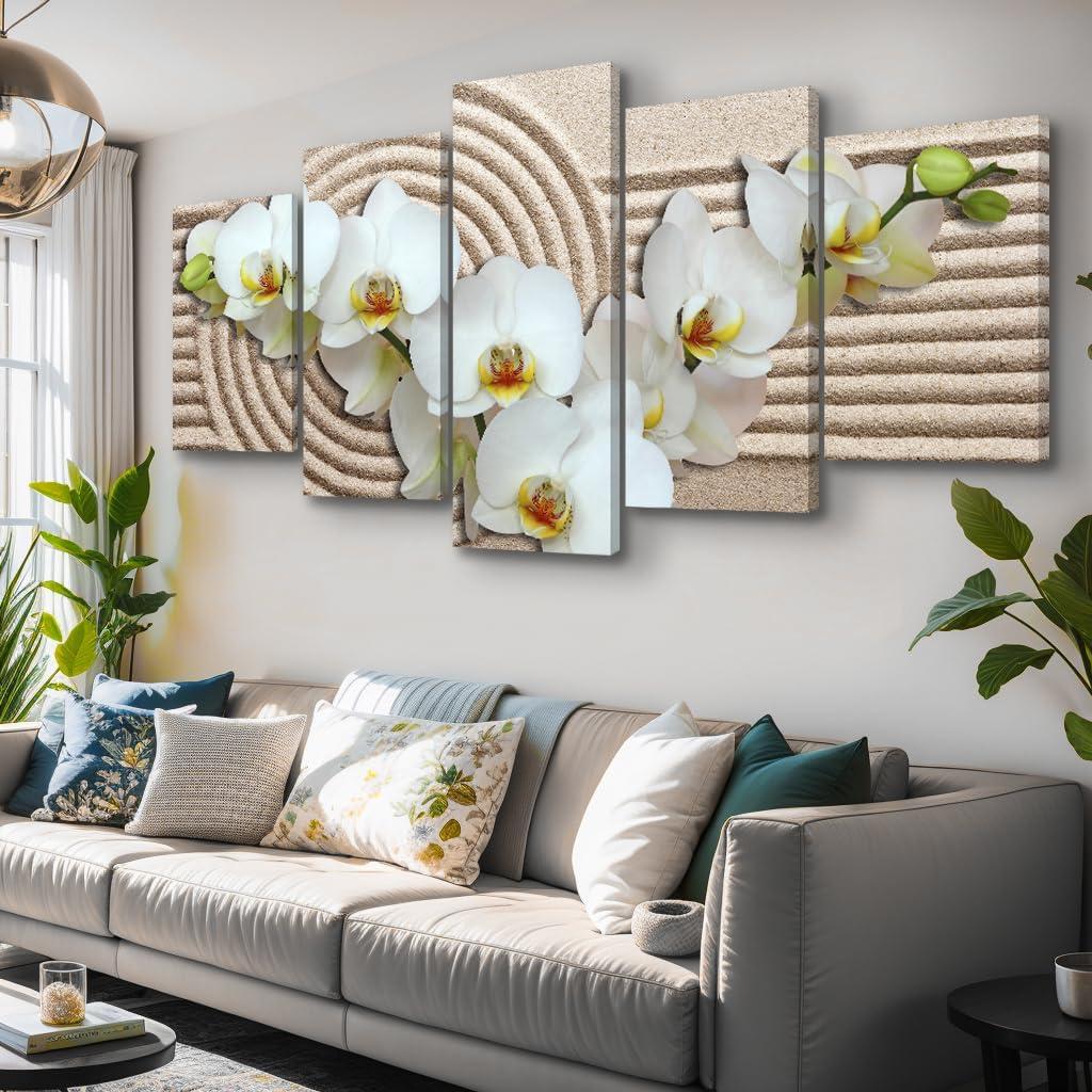 Youkiswallart 5 Piece Living Room Wall Art White Butterfly Orchid Brown Wall Art Large Abstract Pictures Canvas Print Wall Painting Modern Artwork Wall Dcor for Bedroom Office