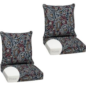 Arden Outdoor Foam Deep Seat Cushion Set (2-Pack), 24x24, Premium High-Density Foam, Never Flattens, Weather-Proof for Patio Chair Sofa Couch, Navy Palmira Paisley