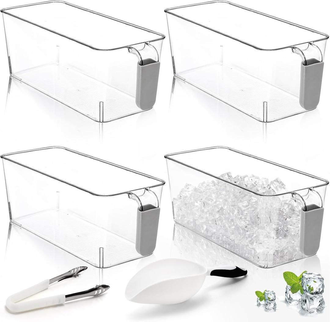 Pumtus 4 Pack Clear Ice Bins for Freezer, Plastic Ice Bucket with Flexible Scoop & Ice Tong, Pull Out Handle Ice Container, Kitchen Food Storage Organizer, Pantry Canister for Wine Beverage Fruit