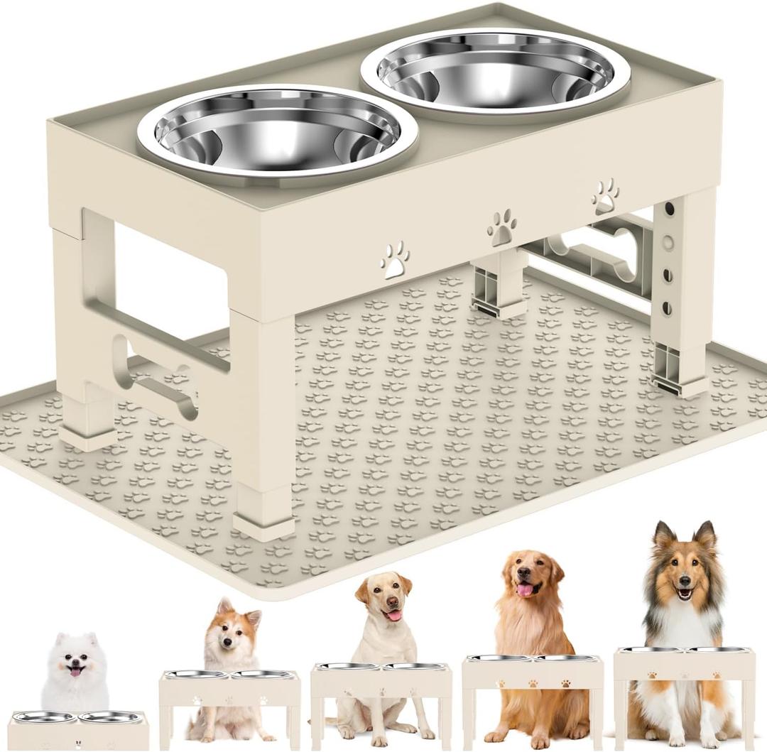 Elevated Dog Bowls with Mat, Raised Dog Food Bowl Stand with 2 Stainless Steel Bowls, 5 Height Adjustable (3.1", 9", 10", 11", 12") Non-Slip Feeder Set for Medium and Large Dogs  Apricot