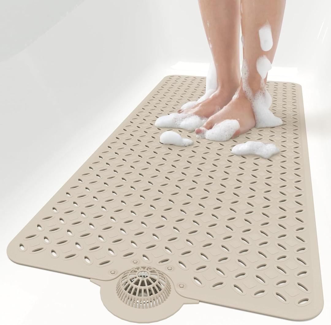 OTHWAY Bath Mat for Tub Non Slip: 39" X 17" Long Bathtub Mat with Hair CatcherBig Drain Holes Shower Mats for Inside ShowerMachine Washable (Brown)