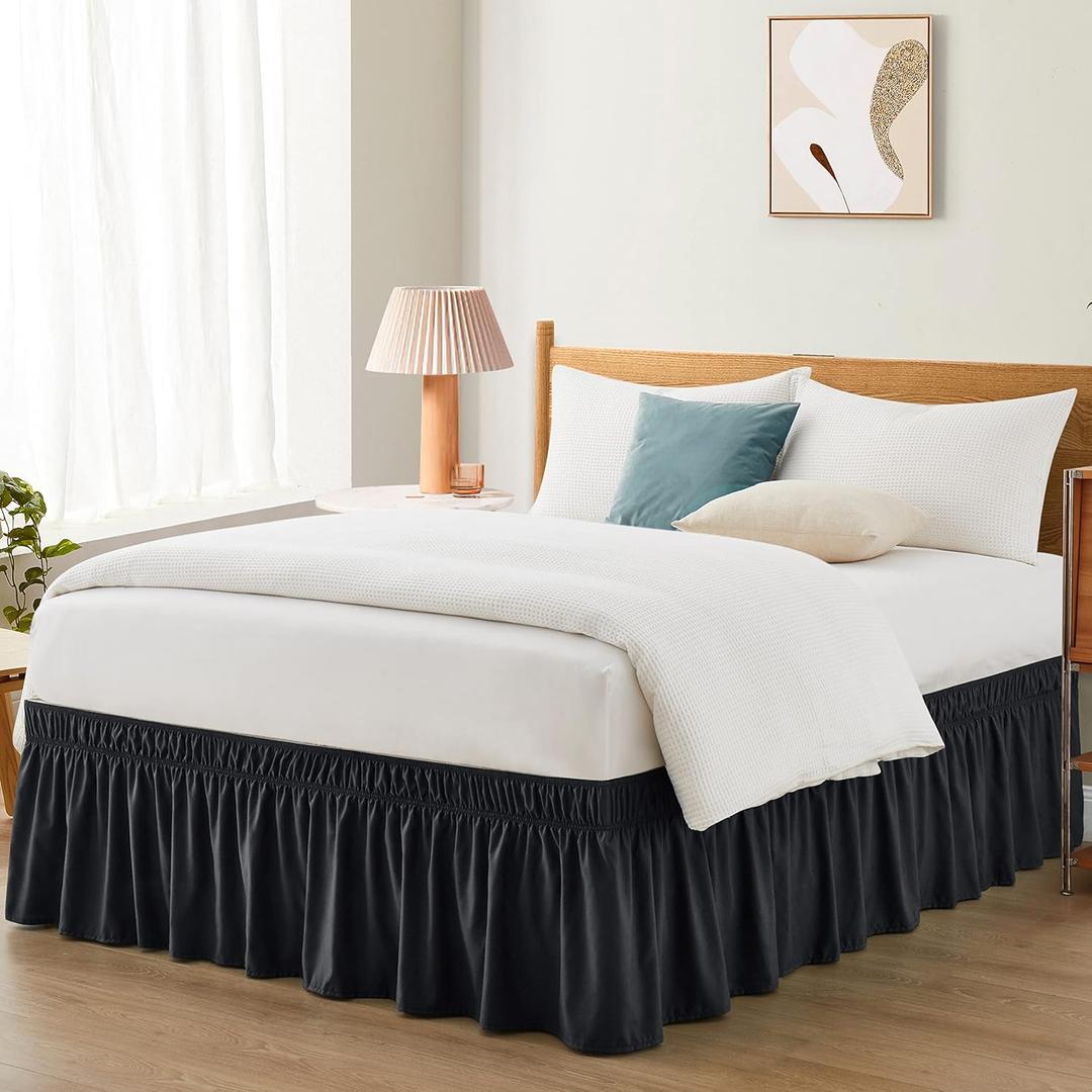 Entisn Black Adjustable Bed Skirt for Full & Queen Size Bed - with 18 Inch Tailored Drop, Wrap Around Bed Skirts with Adjustable Elastic Belt for Easy Fitting - Wrinkle & Fade Resistant