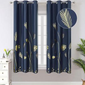 Estelar Textiler Window Curtains 63 Inch Blackout Curtains Palm Tree and Wheat Pattern Printed Light Blocking Curtains for Kitchen, Navy Blue, 42Wx63L, 2 Panels