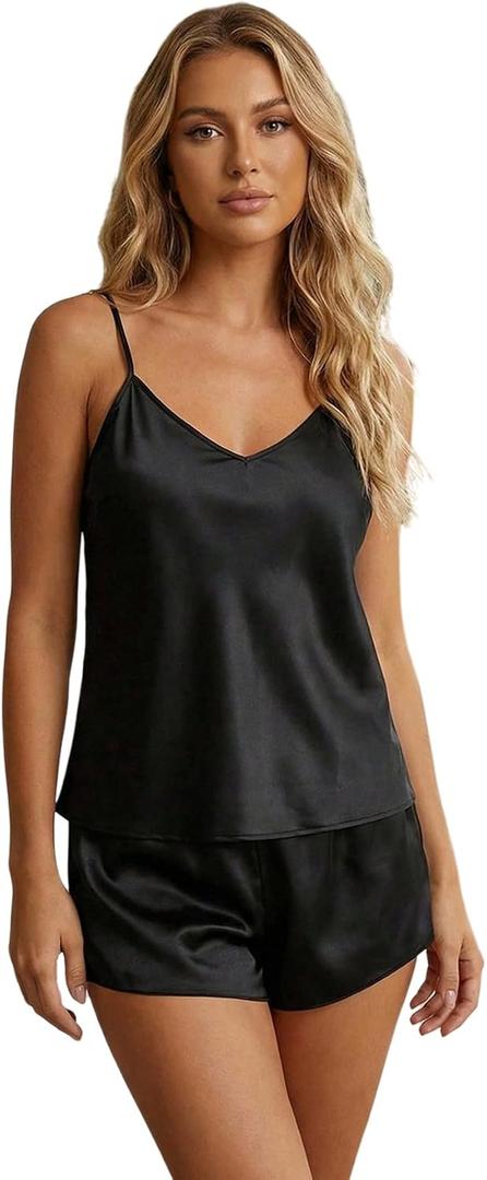 Women's 2 Piece Satin Pajamas Summer V Neck Sleeveless Cami Top and Mini Shorts Lounge Sets Sleepwear (Black, L)