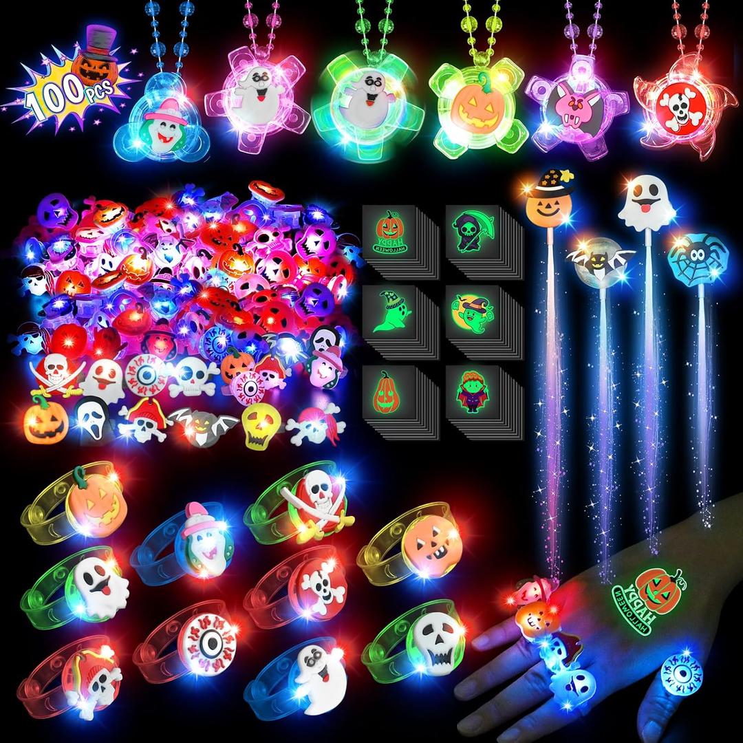 100Pcs Halloween Party Favors for Kids-Halloween Glow in the Dark Party Supplies,Halloween Light Up Necklace Flash Rings,Non-Candy Trick or Treat Goodie Bag Fillers,Classroom Favors Gifts