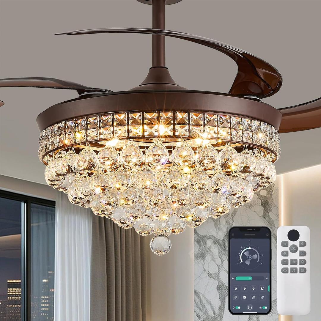 48" Chandelier Ceiling Fan - Crystal Fandelier, Retractable Ceiling Fan with Light, Remote and App Control, 3 Color Dimmable LED, Reversible DC Motor, for Bedroom, Living Room (Brown)