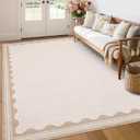 GarveeHome Scalloped Beige 8x10 Rug for Living Room Washable Non-Slip Solid Modern Minimalism Low-Pile Carpet 8 x 10 Rug for Bedroom Dining Nursery Mat with Rubber Back