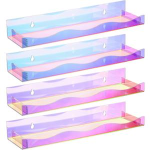 Hiceeden 4 Pack 15" Iridescent Acrylic Floating Shelves, Wall Mounted Floating Bookshelf Organizer for Room, Clear Nail Polish Sunglasses Display Shelf for Picture Ledge, Book, Funko Pop