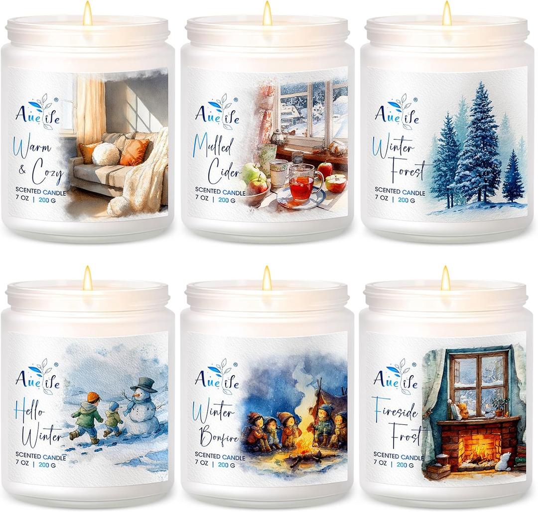Winter Candle Set | 6 Pack Christmas Scented Candles for Home - Holiday Soy Candle Gift Set for Women Men, Aromatherapy Candles Scents of Hello Winter/Forest/Cider/Warm/Fireside/Bonfire