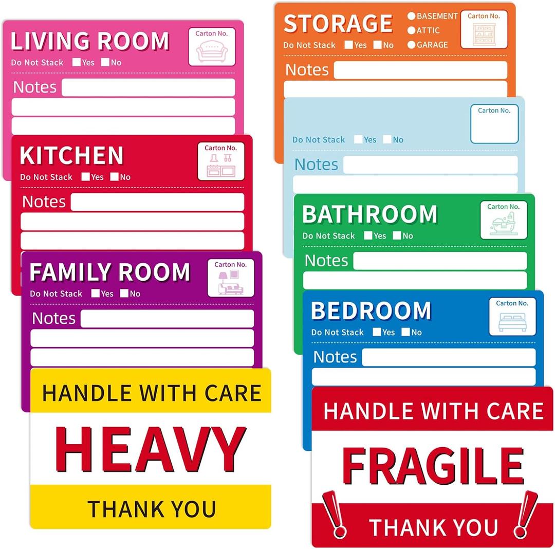 WSICSE 160 Pcs 6 x 4 inch Moving Labels for Boxes, Large 7 Color Coded Moving Stickers, Red & Yellow Warning Signs Labels Stickers for Home Organization Moving Supplies Storage Bins