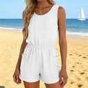 BOMYTAO Womens Sleeveless Romper Eyelet Elastic Waist with Pockets Casual Short Pants Jumpsuit Summer Beach Vacation Outfit (White, L)