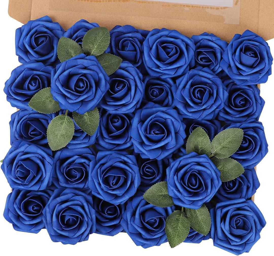 MACTING Artificial Flower Roses 30PCS Real Touch Fake Flowers with Stem Foam Roses for DIY Wedding Bouquets Backdrop Party Bridal Shower Spring Home Mothers Day Decorations (Dark Royal Blue)