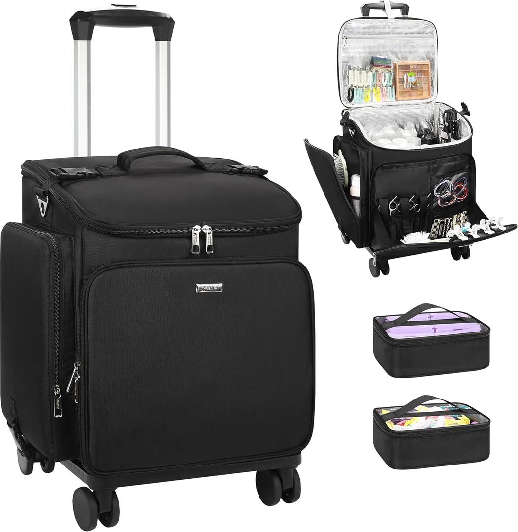 Relavel Rolling Makeup Case, Hair Tools Travel Bag Cosmetology Case on Wheels with 2 Clear Bags, Professional Hairstylist Bag Makeup Artist Storage Train Case Barber Organizer with 360 Spinner Wheels