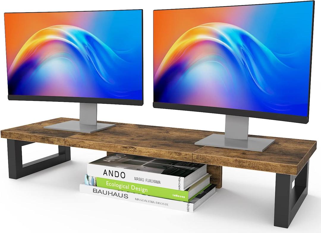 WESTREE Dual Monitor Stand Riser, Wood and Steel Monitor Stand Riser, Computer Monitor Stand for 2 Monitors, Multi-Purpose Desktop Storage Stand for Computer,Laptop,Printer,TV (Large, Brown)