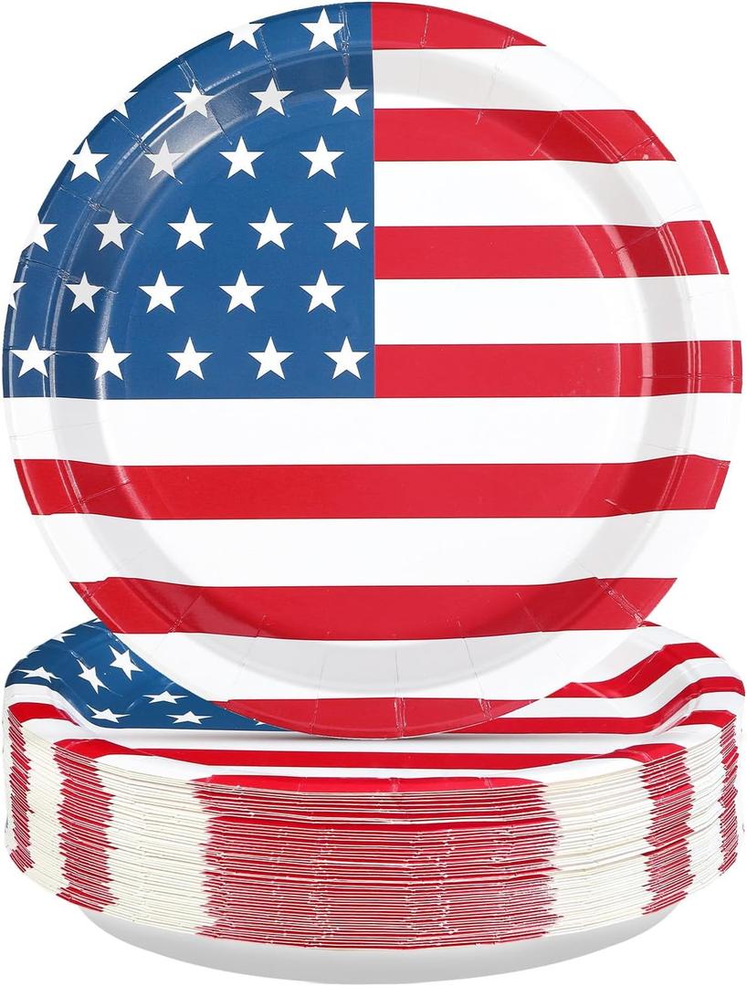 50Pcs Patriotic Paper Plates 10'' Large Heavy Duty 250 Anniversary American Flag Party Plates 4th of July Red Blue and White Platters for President Memorial Independence Day Party Supplies