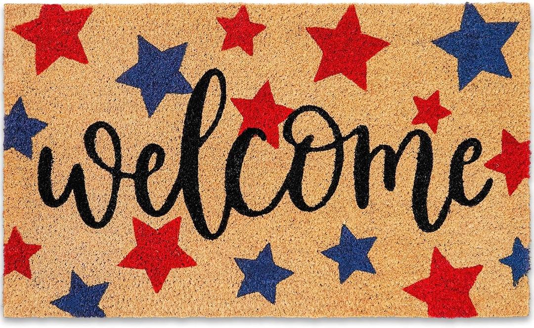 Whaline Patriotic Natural Coir Door Mat 4th of July Red Blue Star Welcome Mat Non-Slip Independence Day Entrance Door Rugs for 250th Anniversary Indoor Outdoor Home Bathroom Decor, 16.5 x 29 Inch